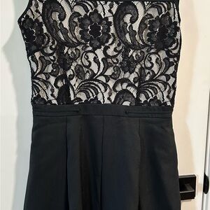 Ellen Tracy Black and Tan Strapless Pleated Cocktail Dress